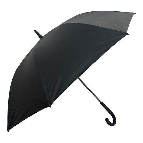 3. Large black umbrella with curved handle, shown open in studio setting, emphasizing windproof and UPF50+ features