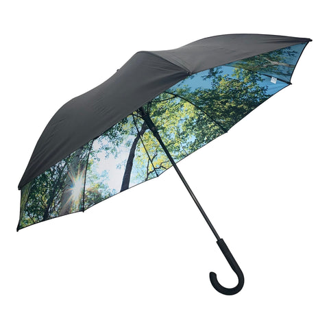 1. Large forest-themed umbrella with nature-inspired canopy design, featuring sunlit trees, showcasing windproof and UPF50+ protection