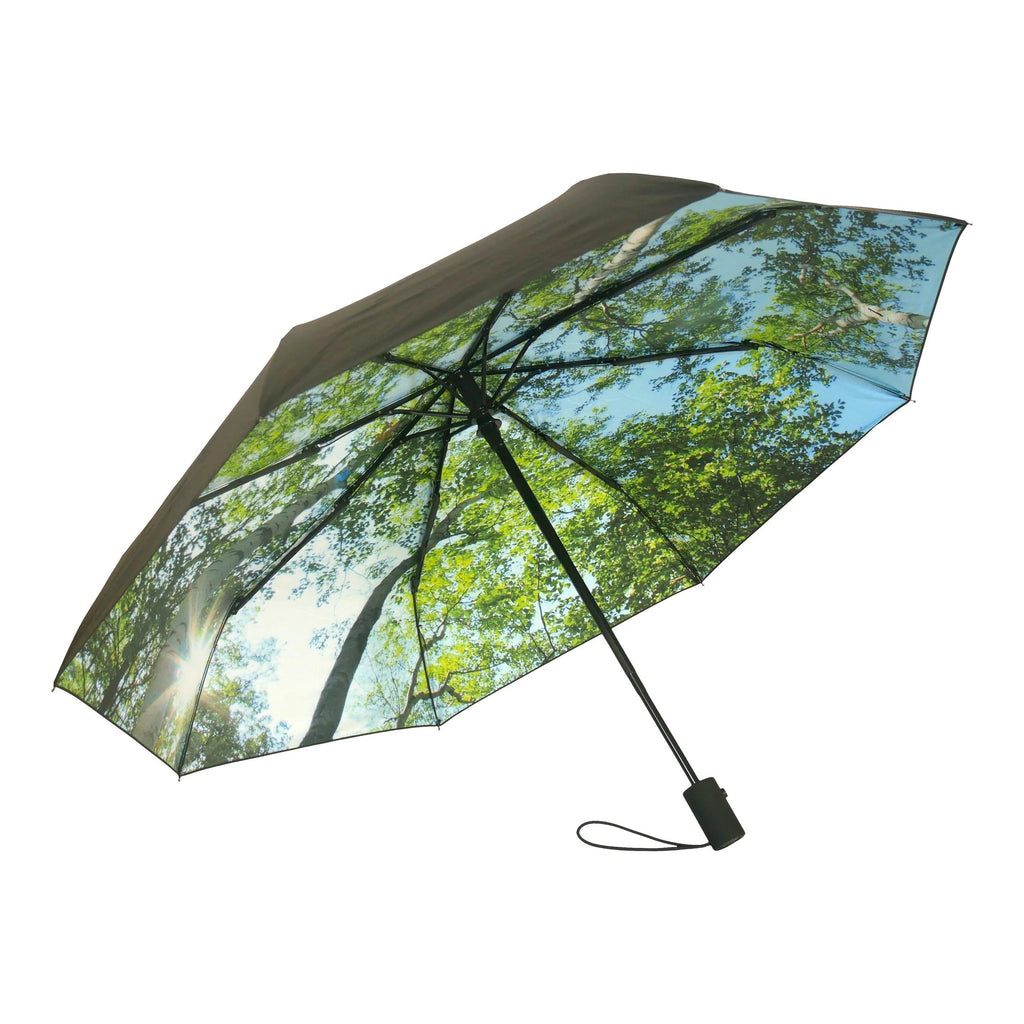 2. Forest print umbrella with black handle shown open against white background highlighting rainforest design