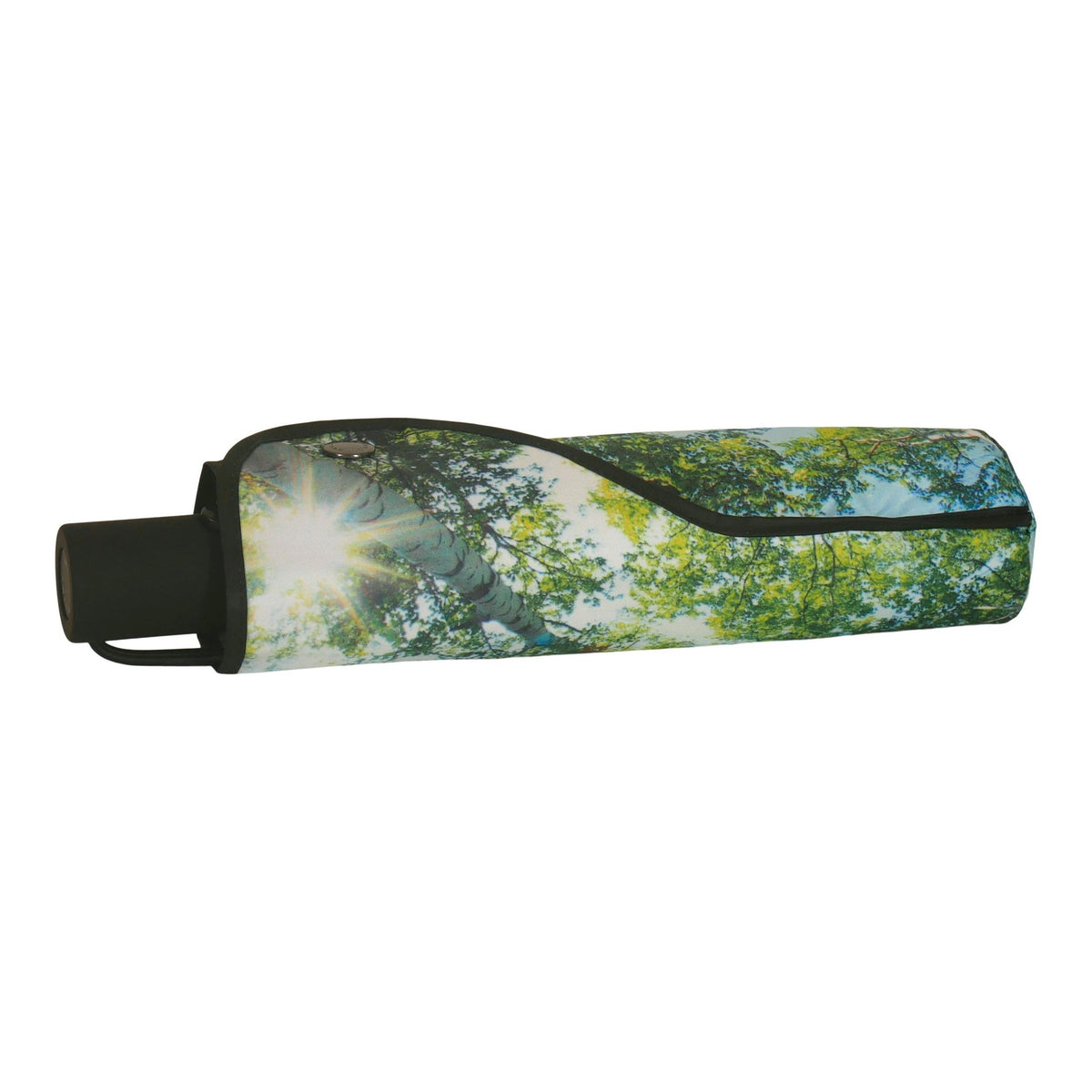 4. Closed forest print umbrella with black handle and rainforest design