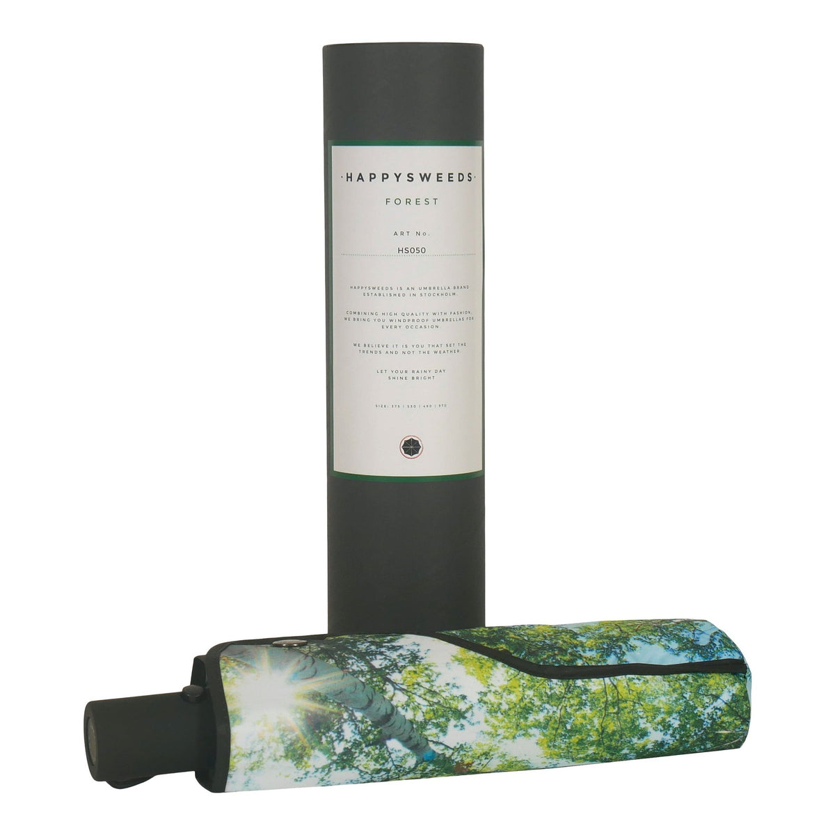 2. Forest print umbrella with branded packaging tube and closed umbrella