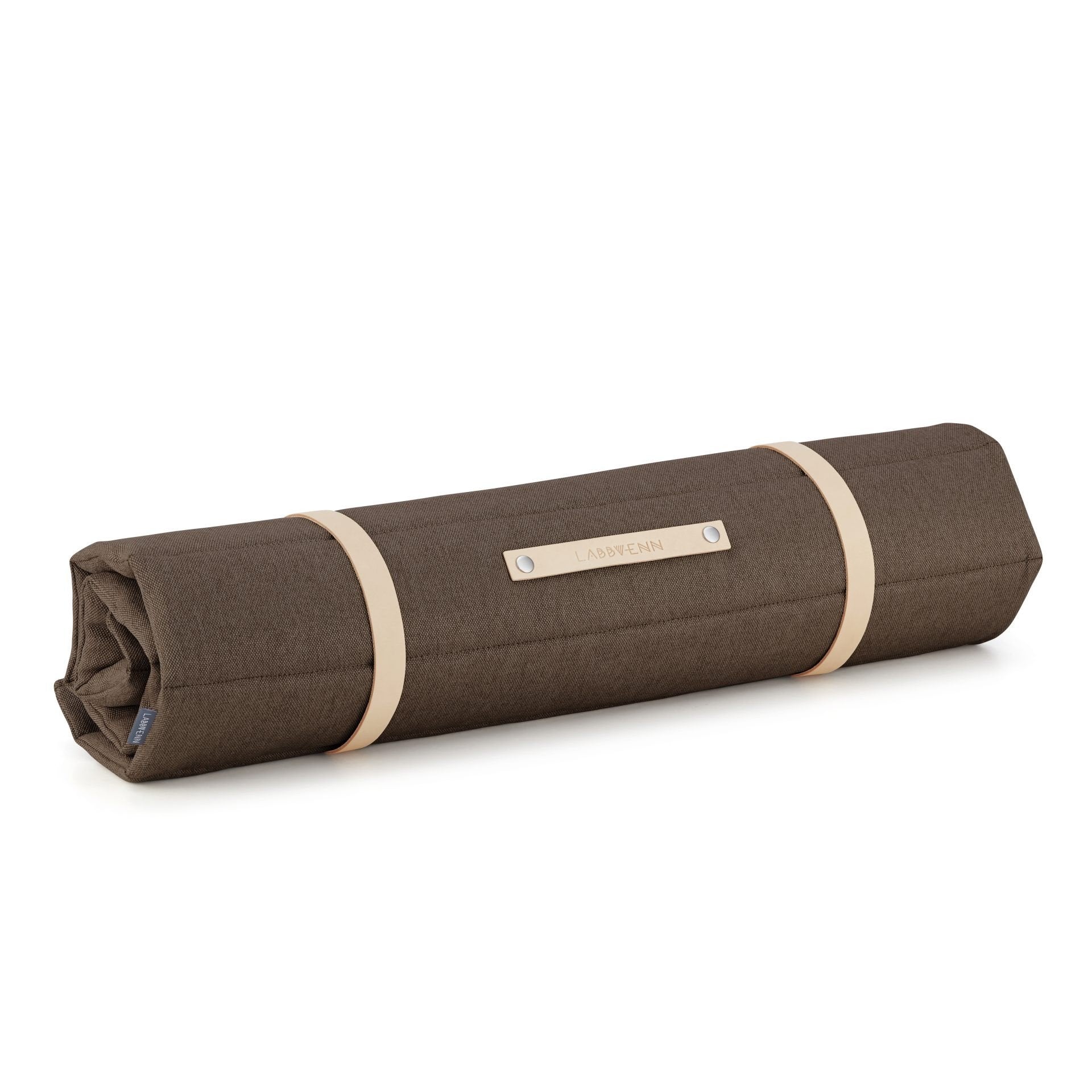 2. Brown Fosser travel mat by Labbvenn rolled up with beige leather straps, showcasing quilted design and brand logo on clean white background