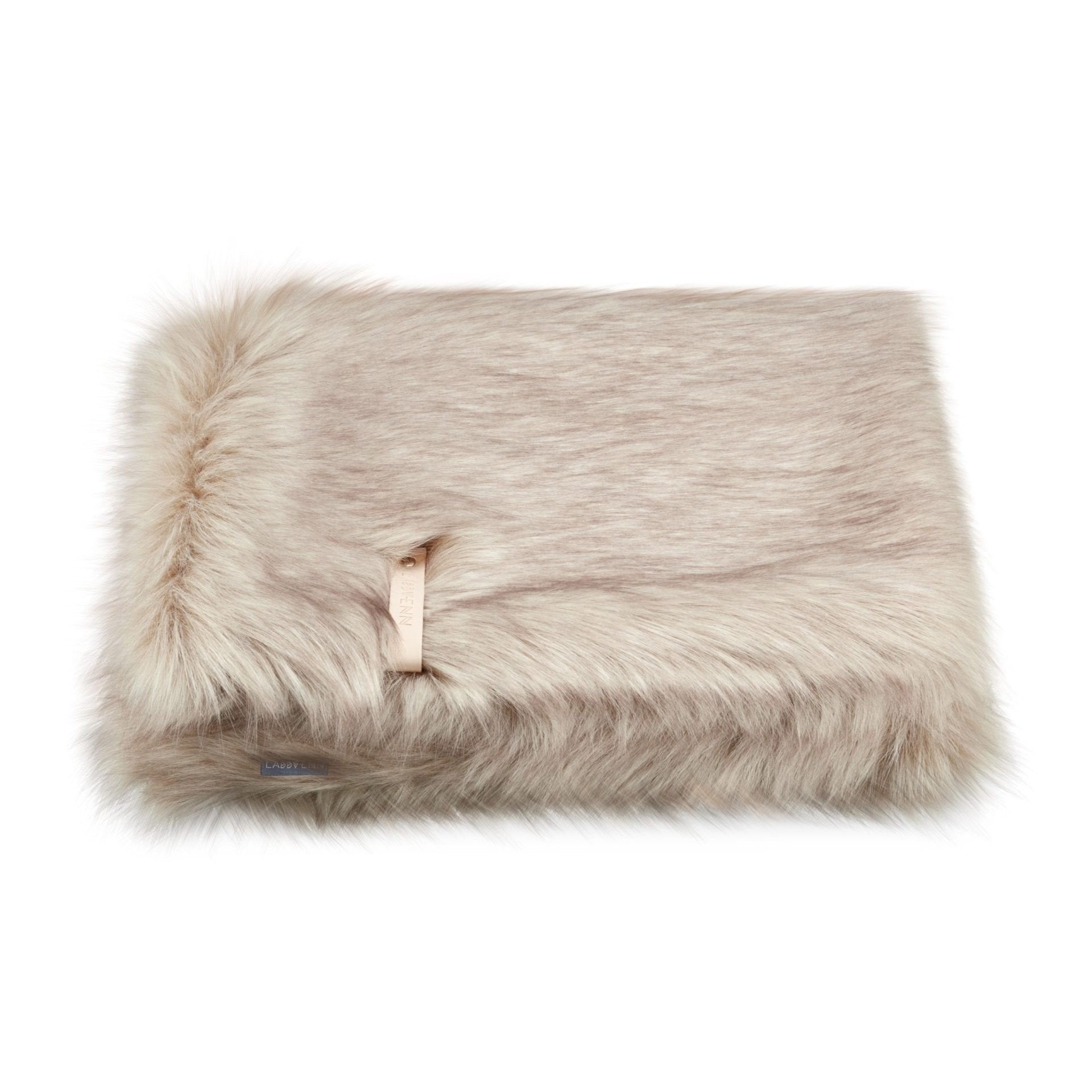 2. Cappuccino-colored Labbvenn Föra blanket with faux fur texture and leather belt detail, shown folded on a white background