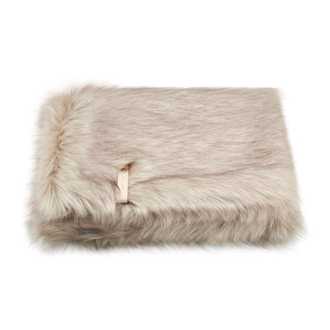 2. Cappuccino-colored Labbvenn Föra blanket with faux fur texture and leather belt detail, shown folded on a white background
