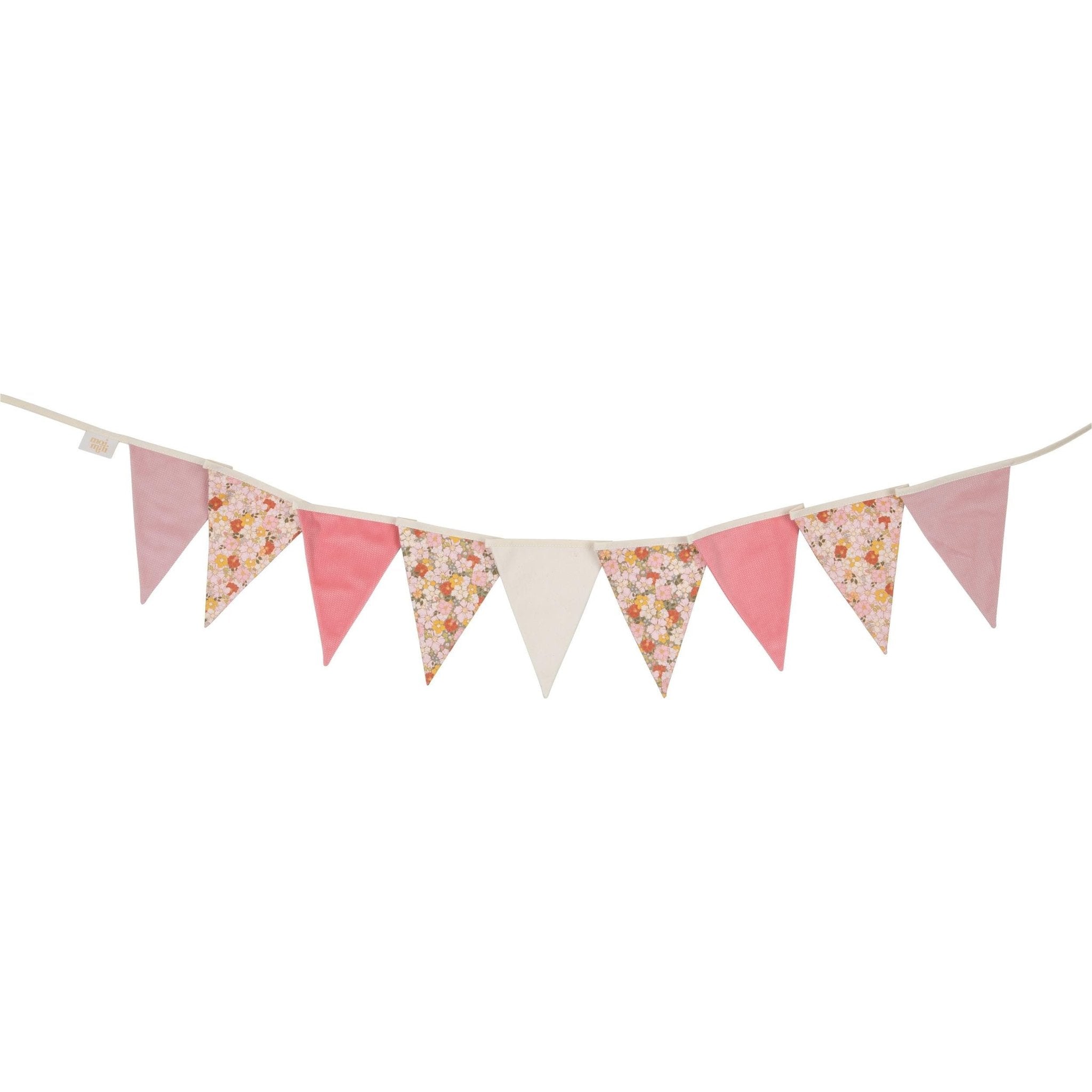 4. Studio shot of garland with pink, floral, and beige pendants on white background