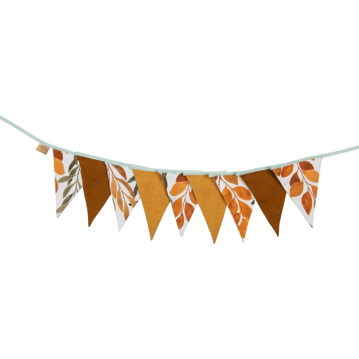 2. Decorative garland with orange, brown, and leaf-patterned cotton and velvet pendants on a light green string, shown in a studio setting