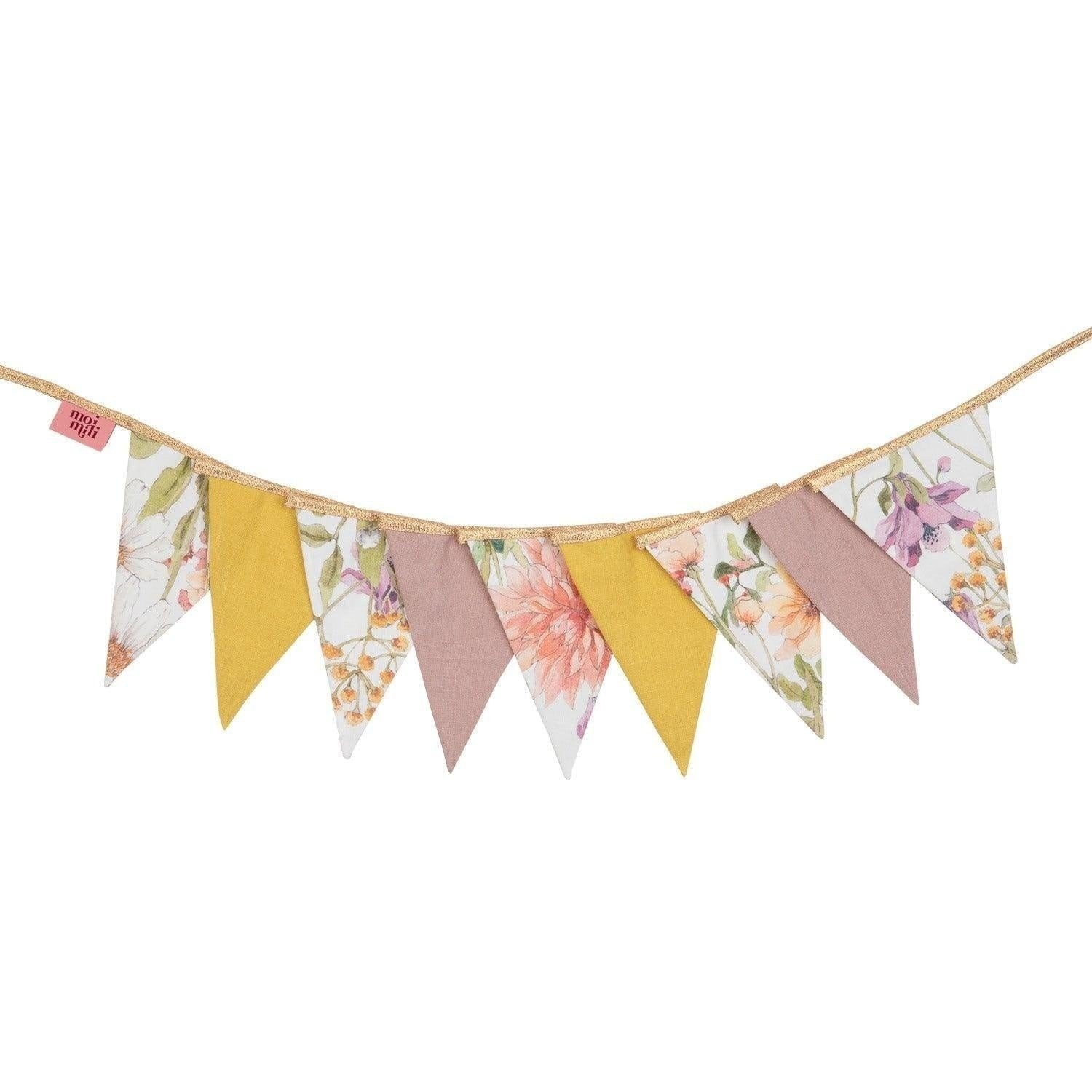 2. Floral and solid color garland with triangular pendants in yellow, pink, and floral patterns on a white background