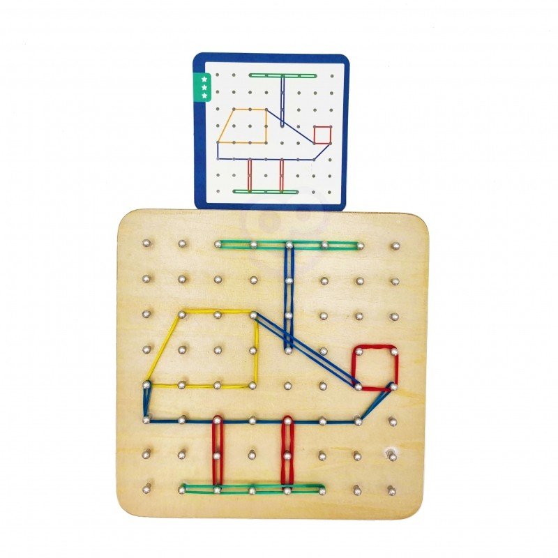 7. Woopie Green Geoplan board with rubber bands forming a helicopter shape and matching pattern card