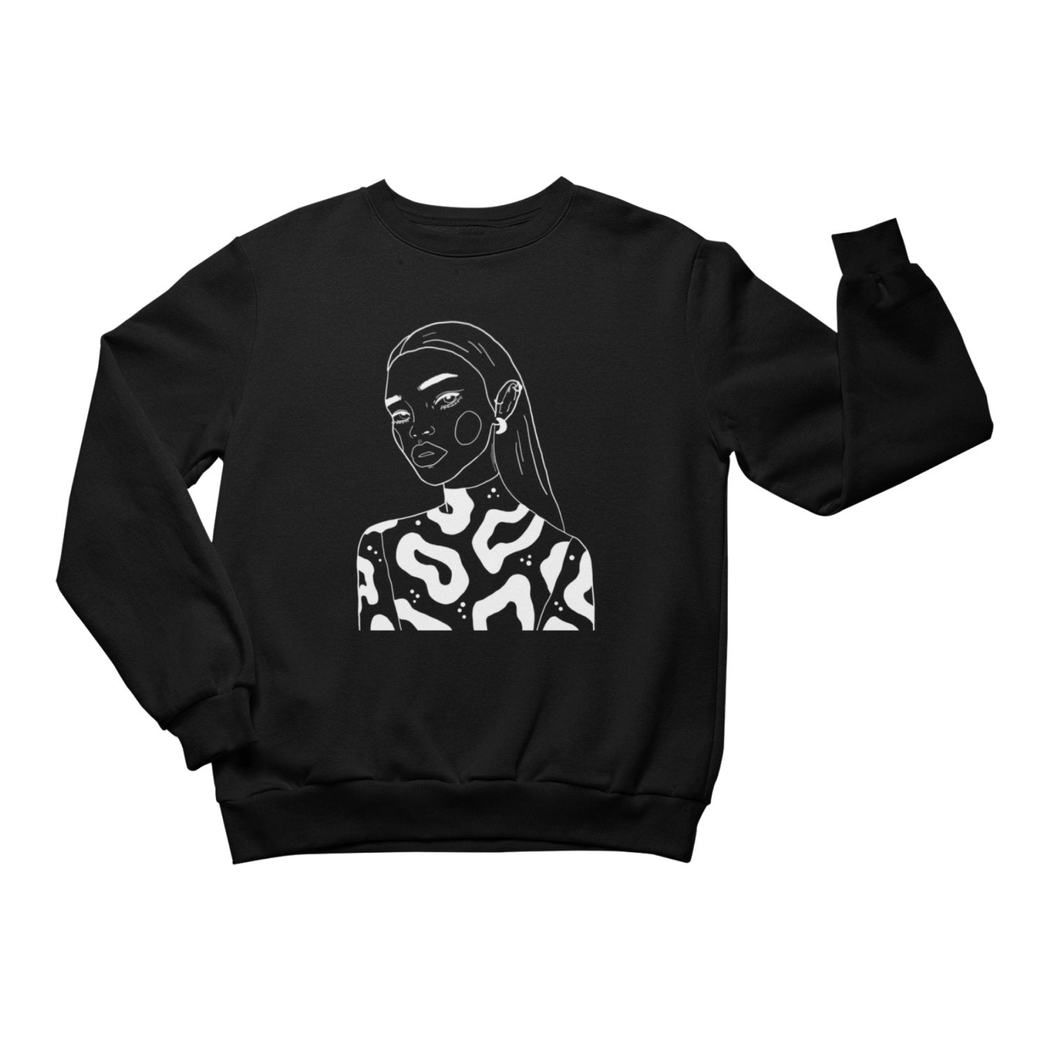 1. Unisex crewneck sweatshirt featuring 'The Moon Queen' illustration by Getter Tiivits, shown in studio setting