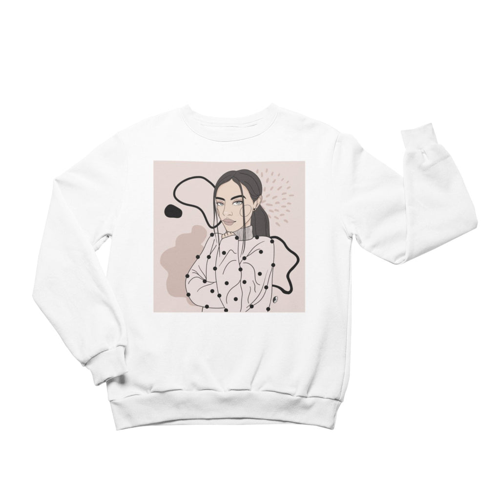 2. Unisex white crewneck sweatshirt featuring abstract illustration by Getter Tiivits, displayed in studio