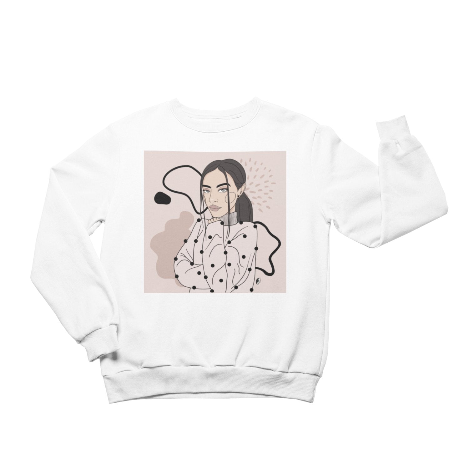 2. Unisex white crewneck sweatshirt featuring abstract illustration by Getter Tiivits, displayed in studio