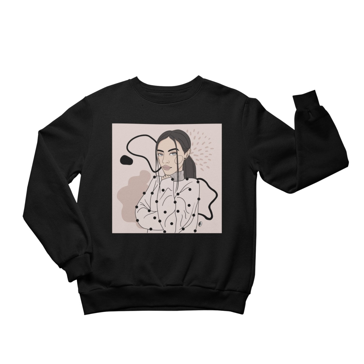 1. Unisex black crewneck sweatshirt with abstract illustration by Getter Tiivits, shown in studio setting
