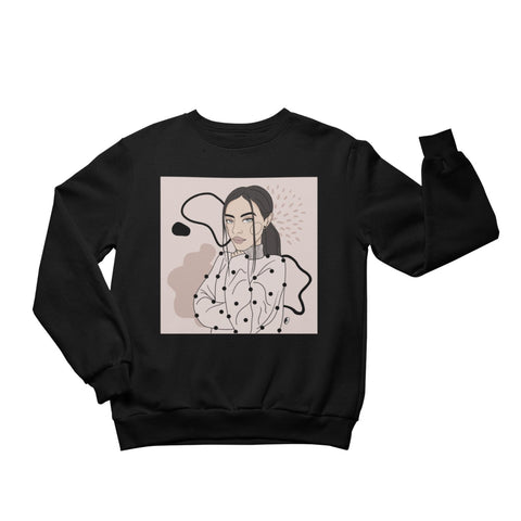 1. Unisex black crewneck sweatshirt with abstract illustration by Getter Tiivits, shown in studio setting