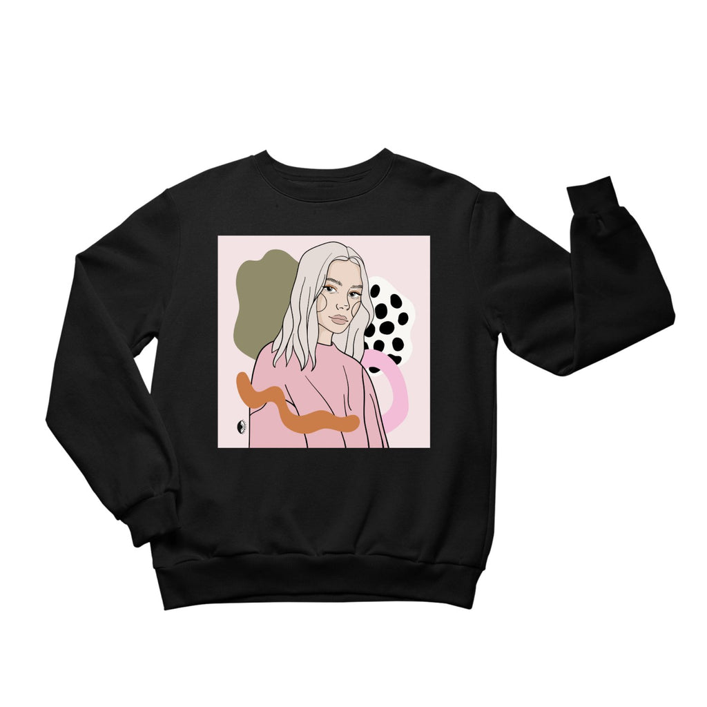 1. Unisex black crewneck sweatshirt with illustration by Getter Tiivits, featuring a unique artistic design, studio setting