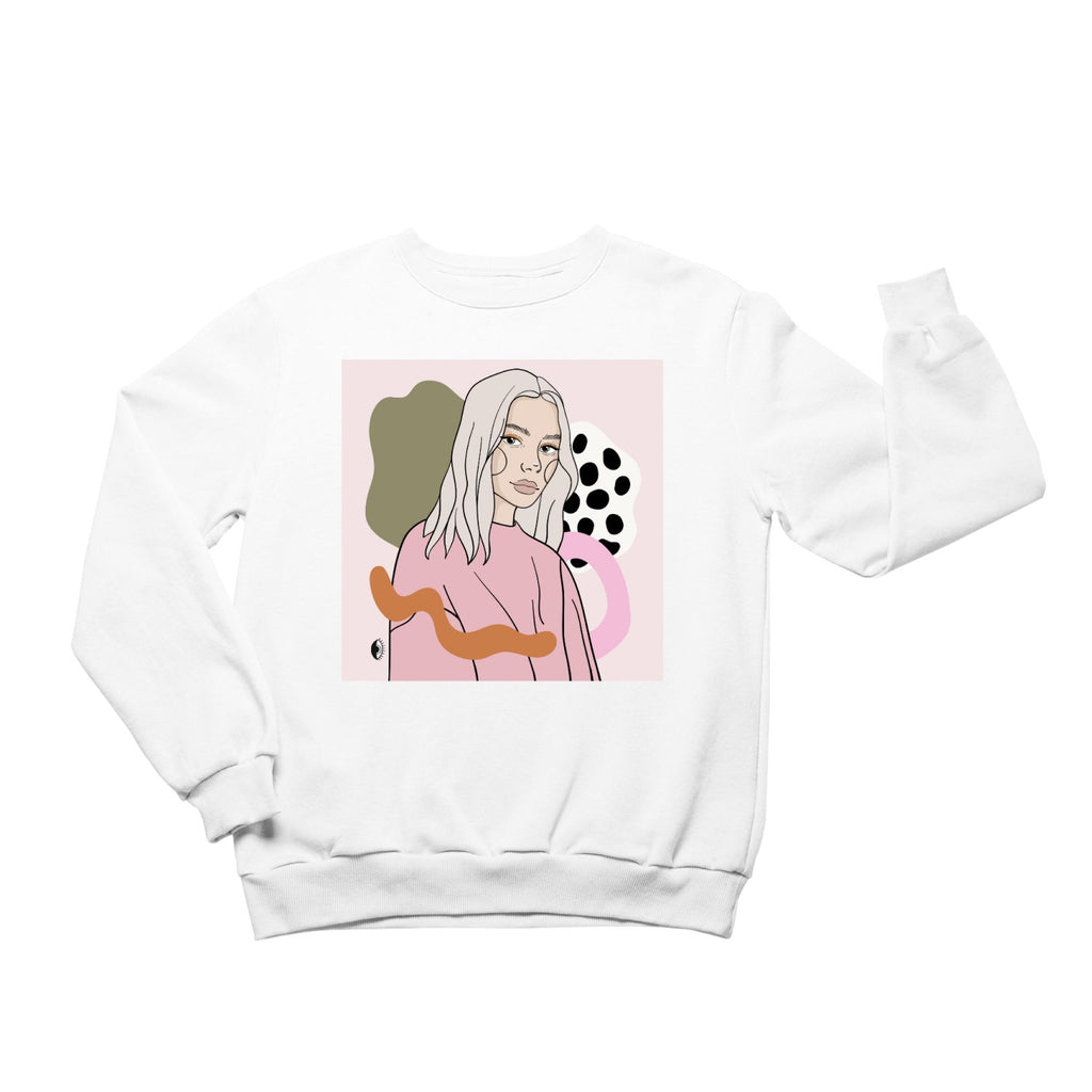 2. Unisex white crewneck sweatshirt with illustration by Getter Tiivits, showcasing artistic flair, studio setting