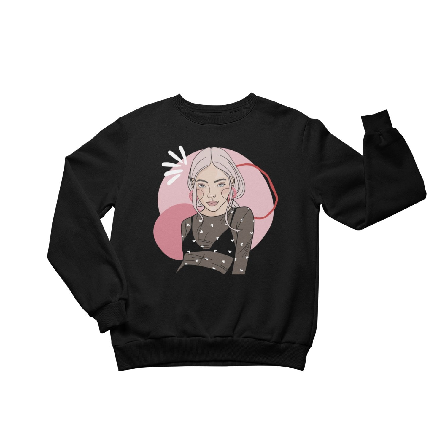 1. Unisex black Cozy Cupid sweatshirt by Getter Tiivits featuring unique illustration, studio setting