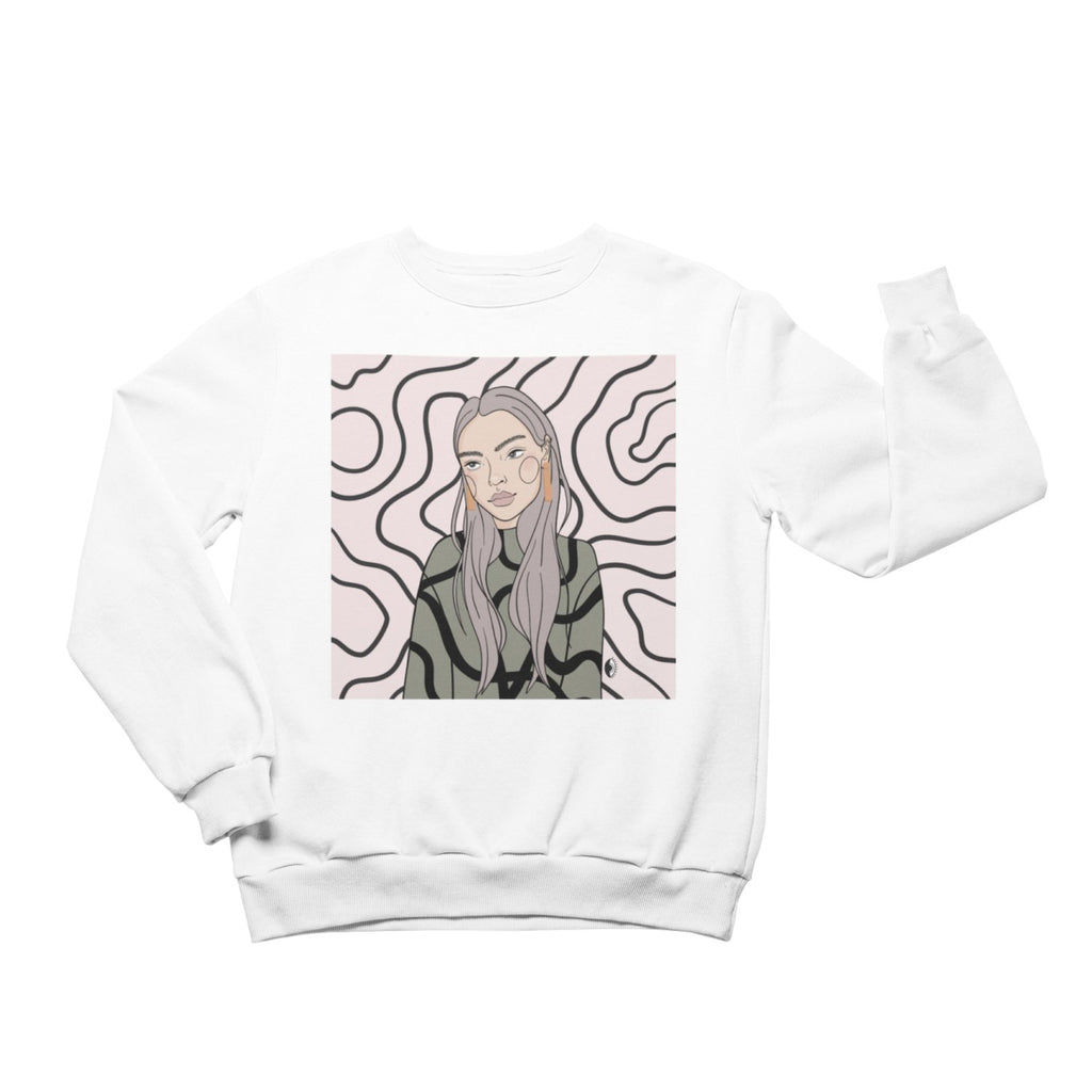 2. Unisex white crewneck sweatshirt featuring Getter Tiivits illustration, studio setting
