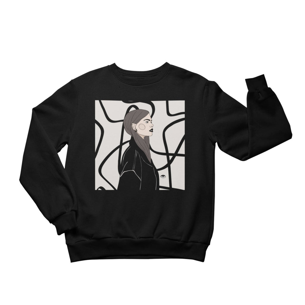 2. Unisex black crewneck sweatshirt featuring 'Free Falling' illustration by Getter Tiivits, studio setting