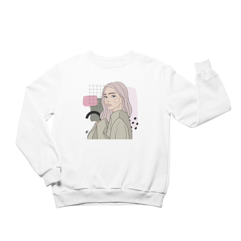 2. Unisex white crewneck sweatshirt with illustration by Getter Tiivits, showcasing artistic flair, studio setting