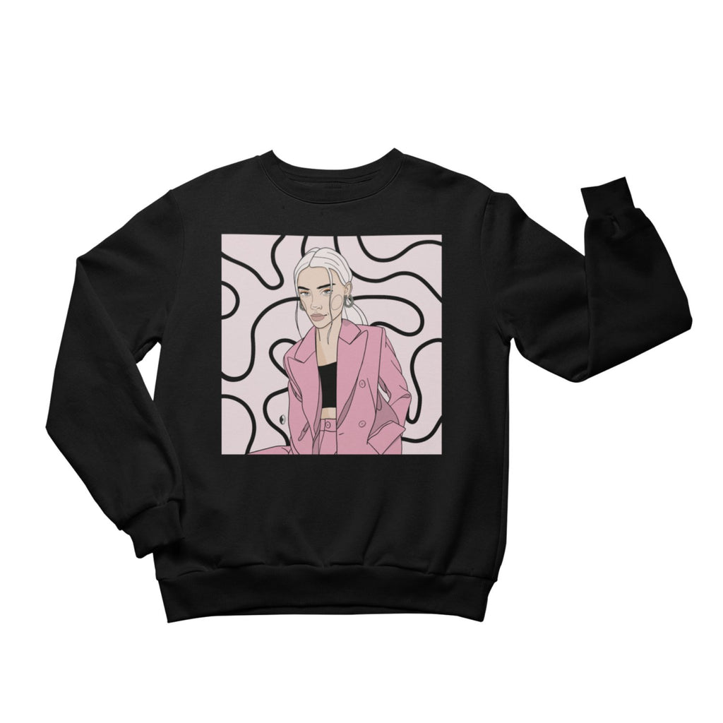 2. Unisex black crewneck sweatshirt featuring 'Hello Sweet Girl' illustration by Getter Tiivits, displayed in studio