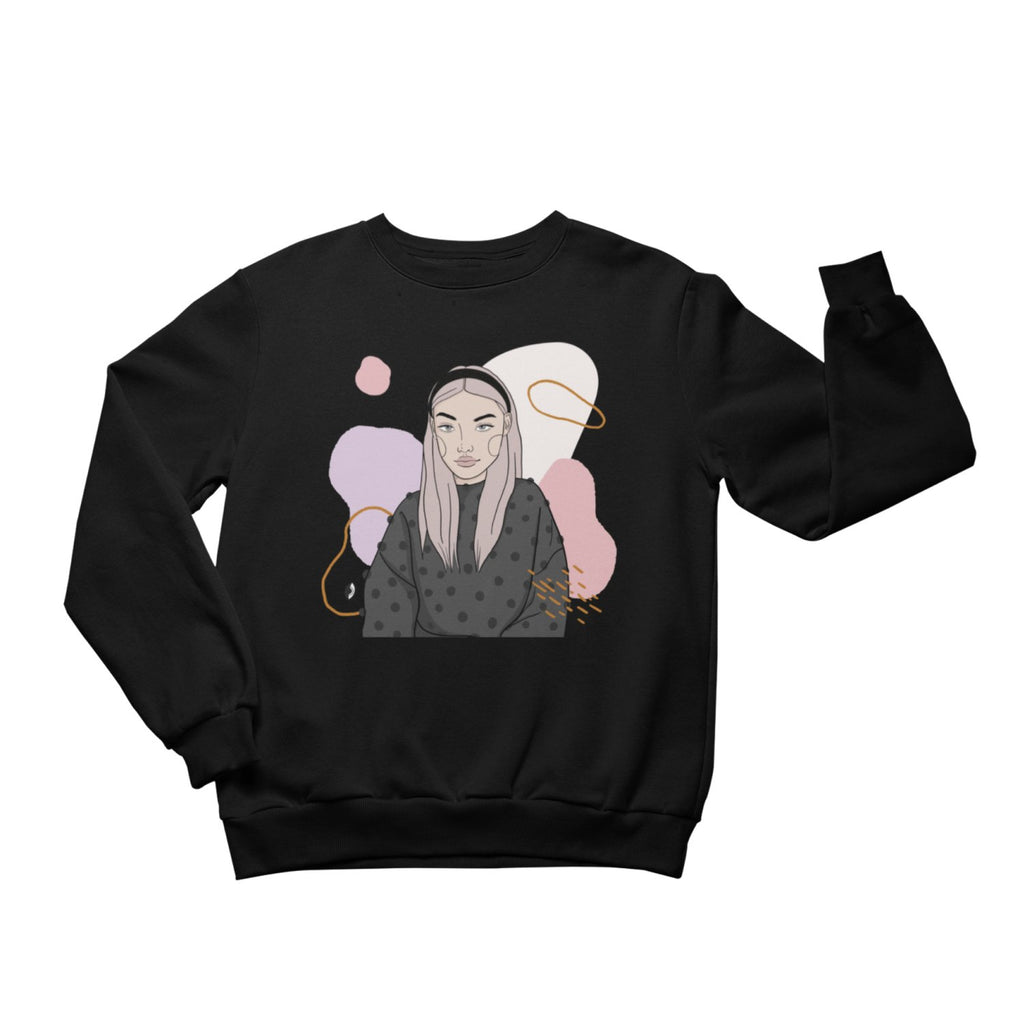 2. Unisex black crewneck sweatshirt with illustration by Getter Tiivits, featuring a female portrait, shown in studio setting