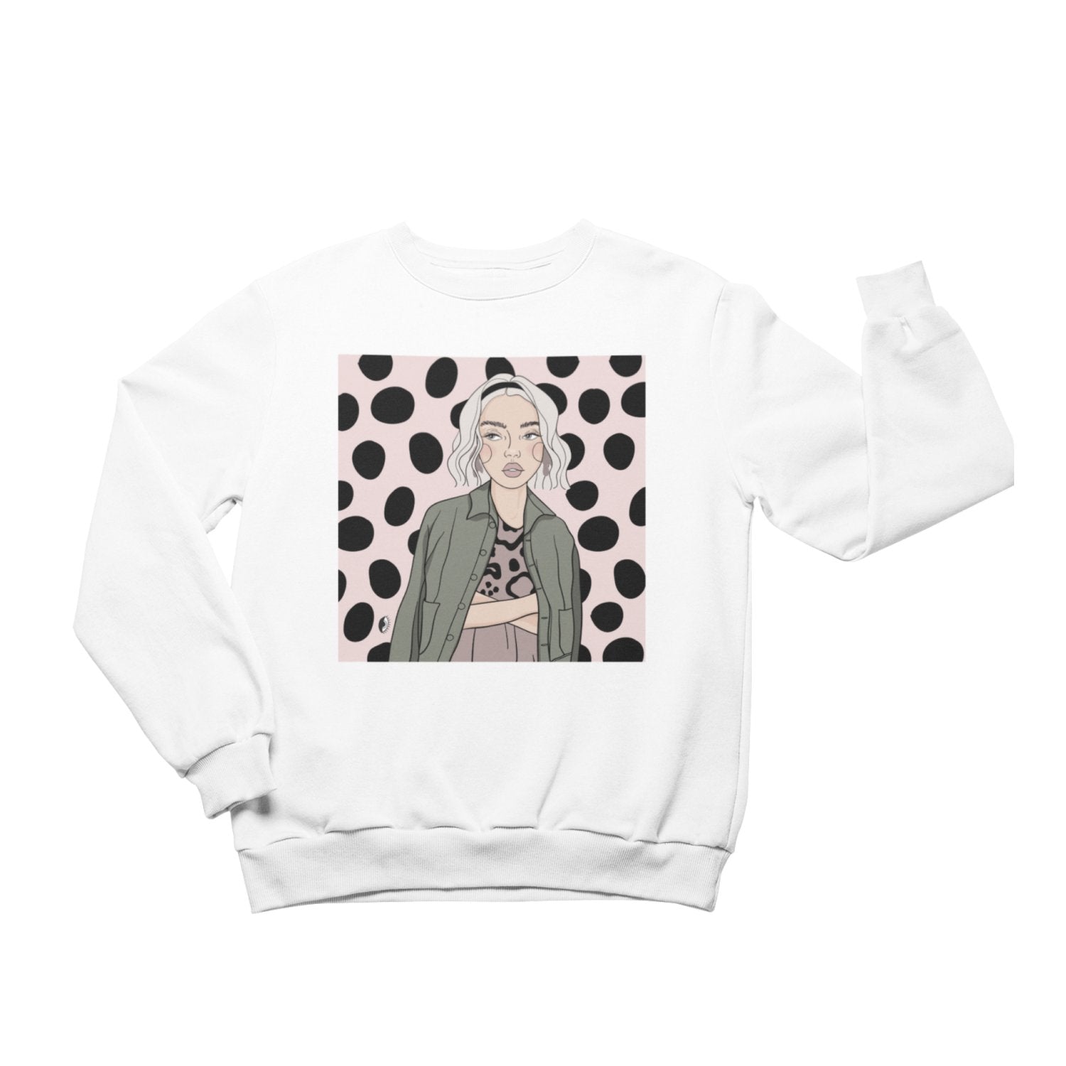 1. Unisex white crewneck sweatshirt with illustration by Getter Tiivits, featuring a stylish woman on a polka dot background