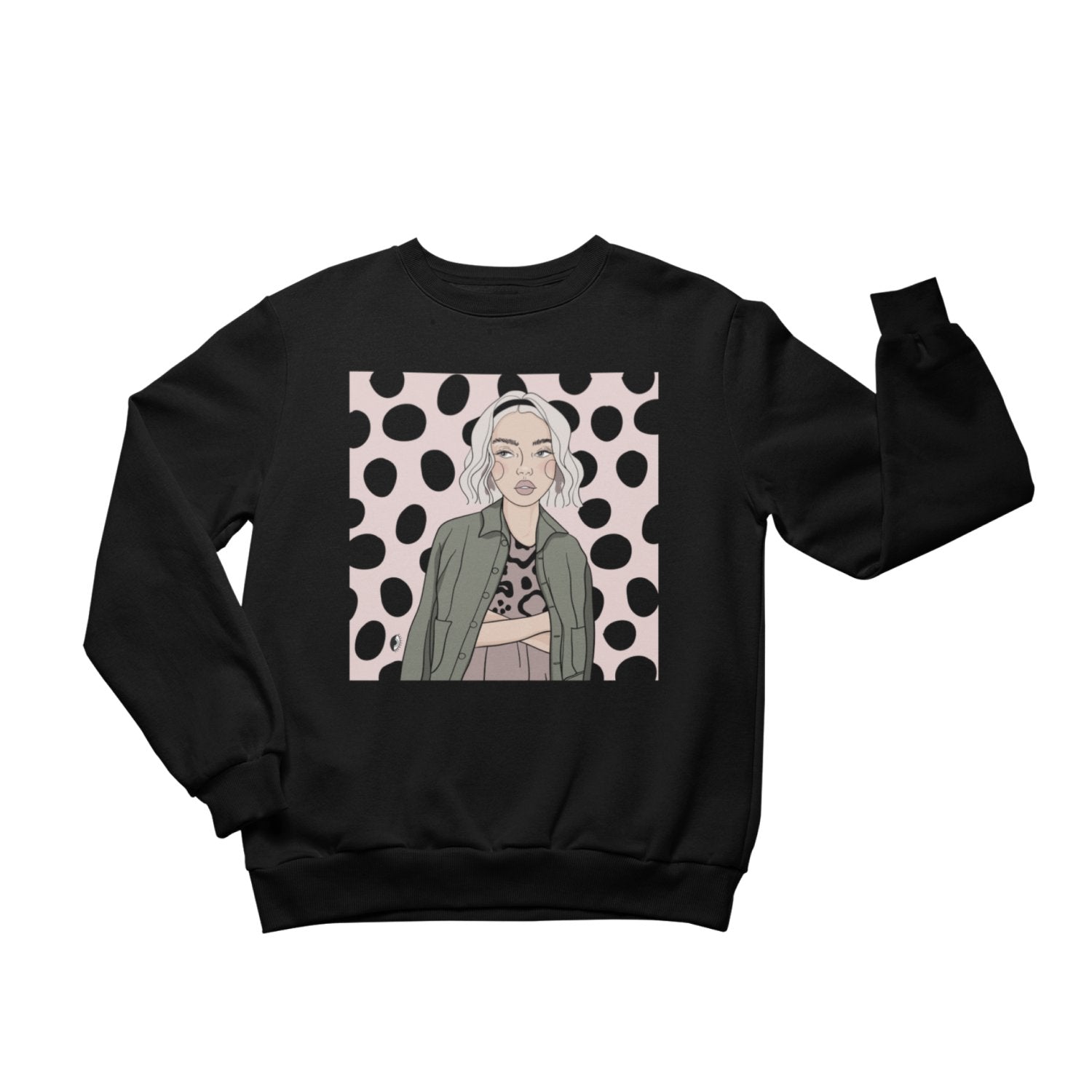2. Unisex black crewneck sweatshirt with illustration by Getter Tiivits, showcasing a fashionable woman on a polka dot background