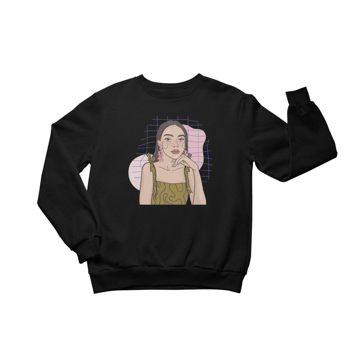 2. Unisex black crewneck sweatshirt featuring playful illustration by Getter Tiivits, studio shot