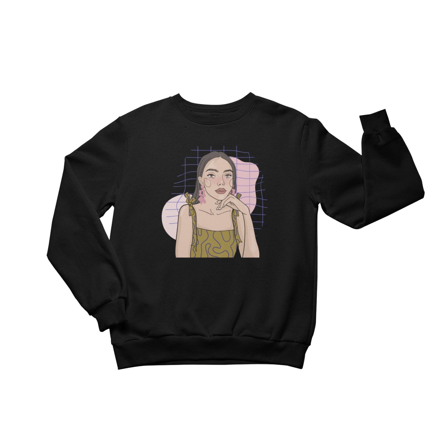 2. Unisex black crewneck sweatshirt featuring playful illustration by Getter Tiivits, studio shot