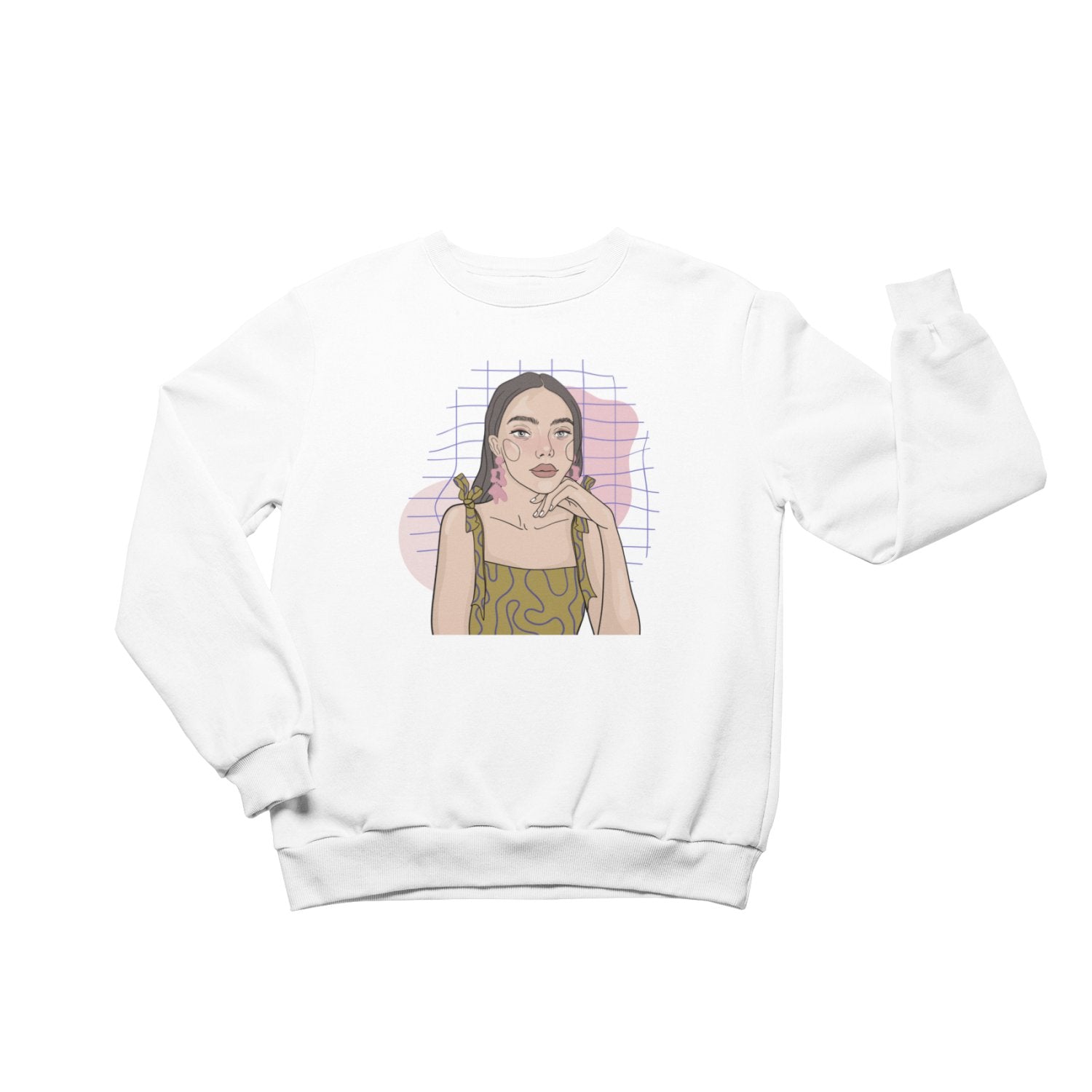 1. Unisex white crewneck sweatshirt with illustration by Getter Tiivits, shown in studio setting