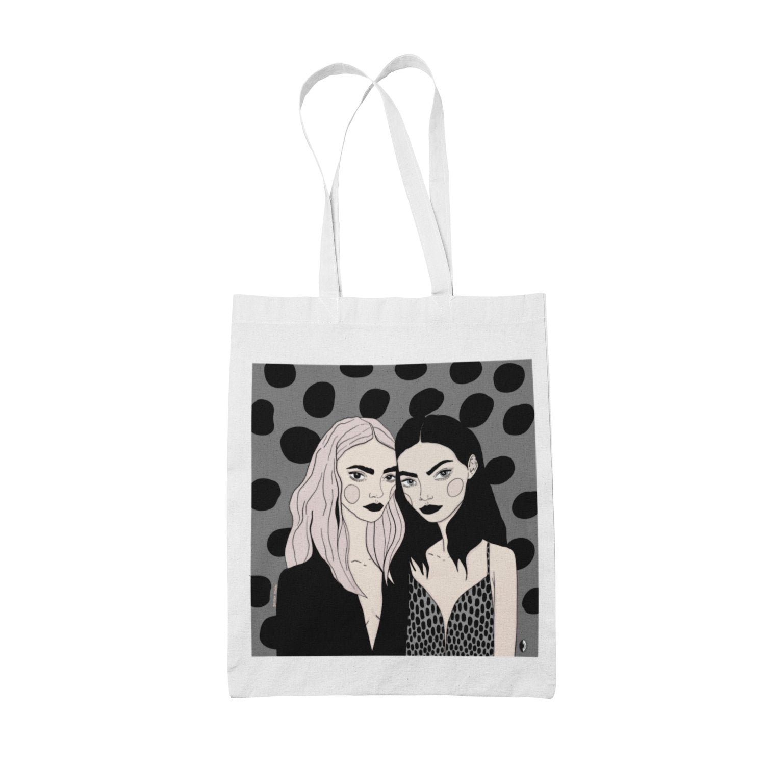 1. Women's tote bag featuring 'Love Your Sisters' illustration by Getter Tiivits, made of 100% cotton, shown in studio setting
