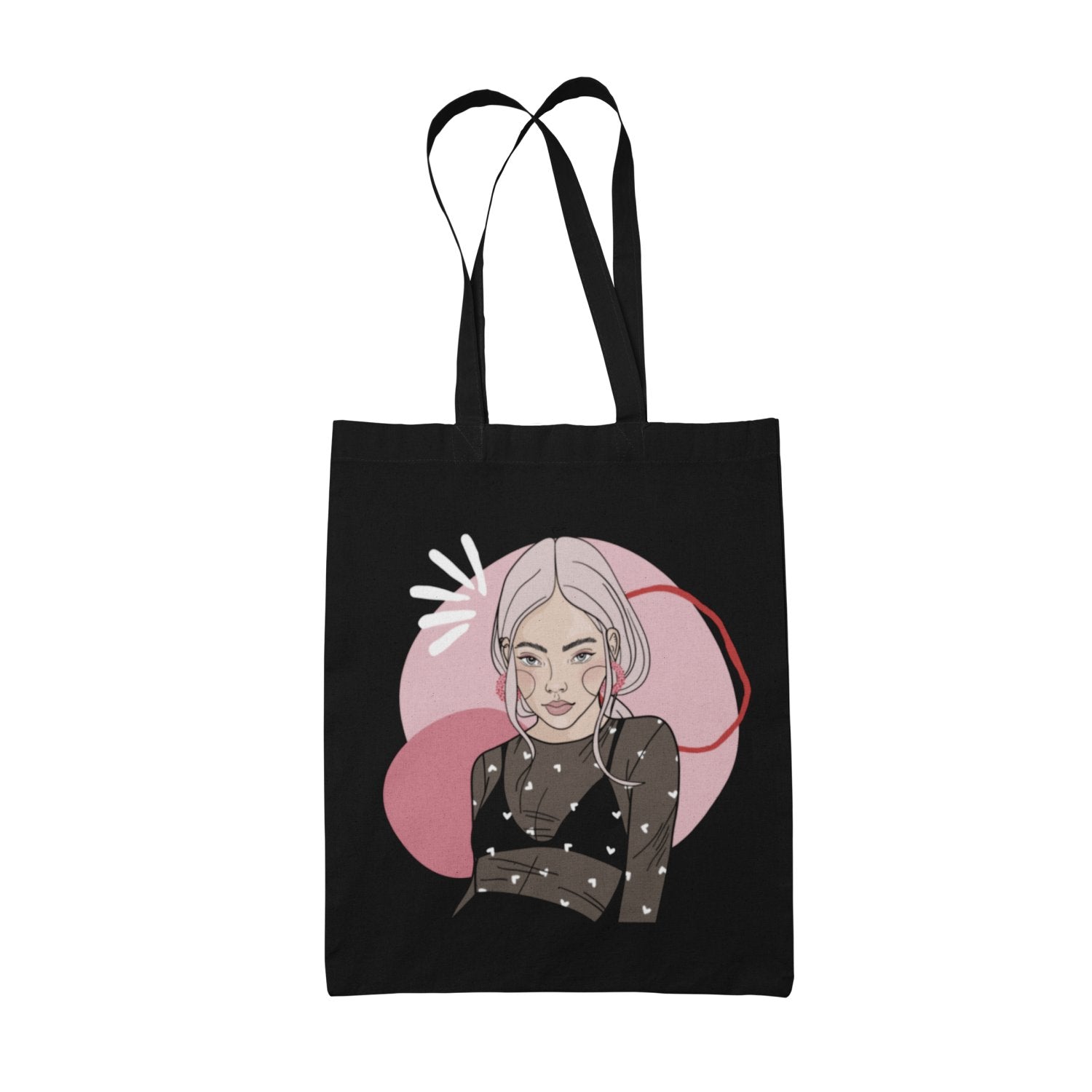 2. Black Cozy Cupid tote bag by Getter Tiivits with artistic illustration, 100% cotton, studio shot