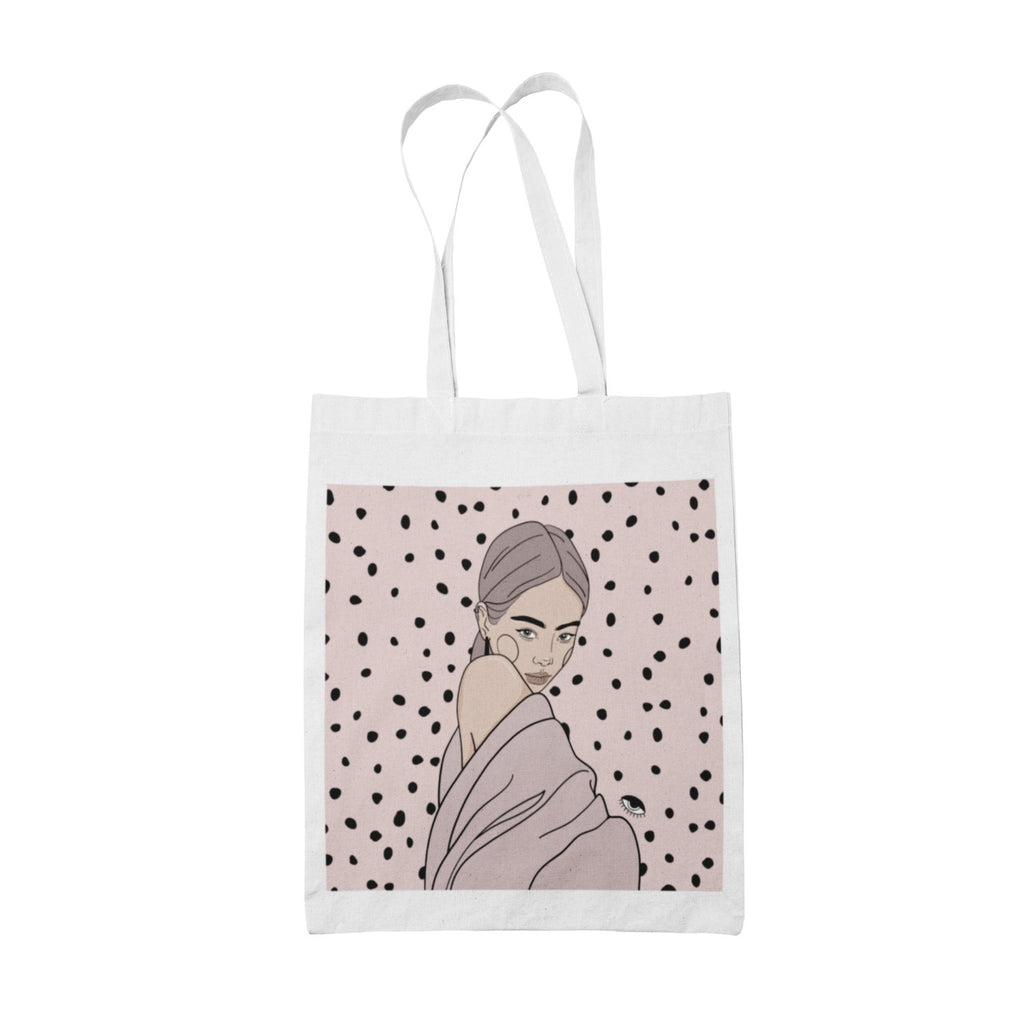 2. White cotton tote bag with Getter Tiivits illustration, displayed in studio