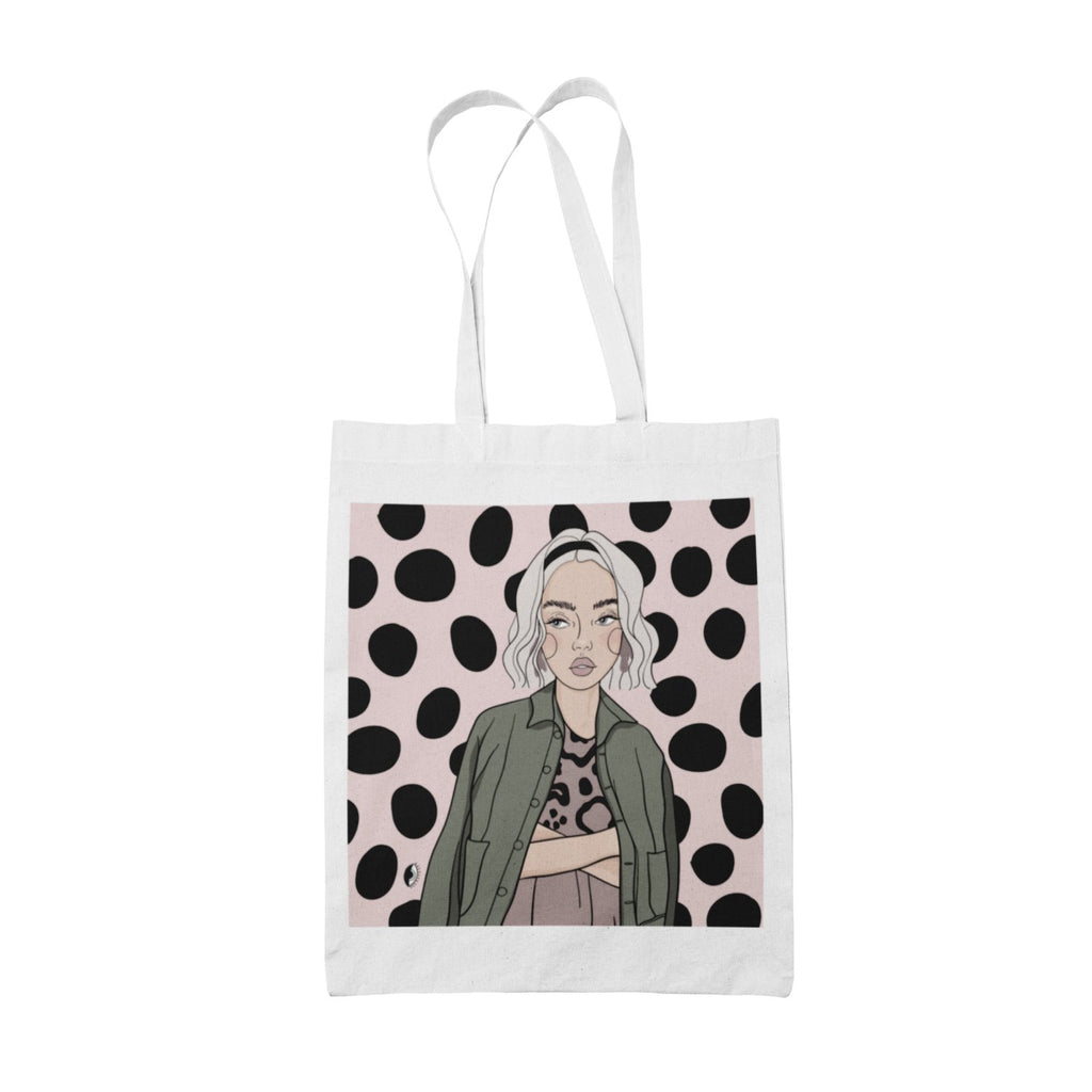 2. White cotton tote bag with exclusive Getter Tiivits illustration, showcasing playful art on a polka dot background