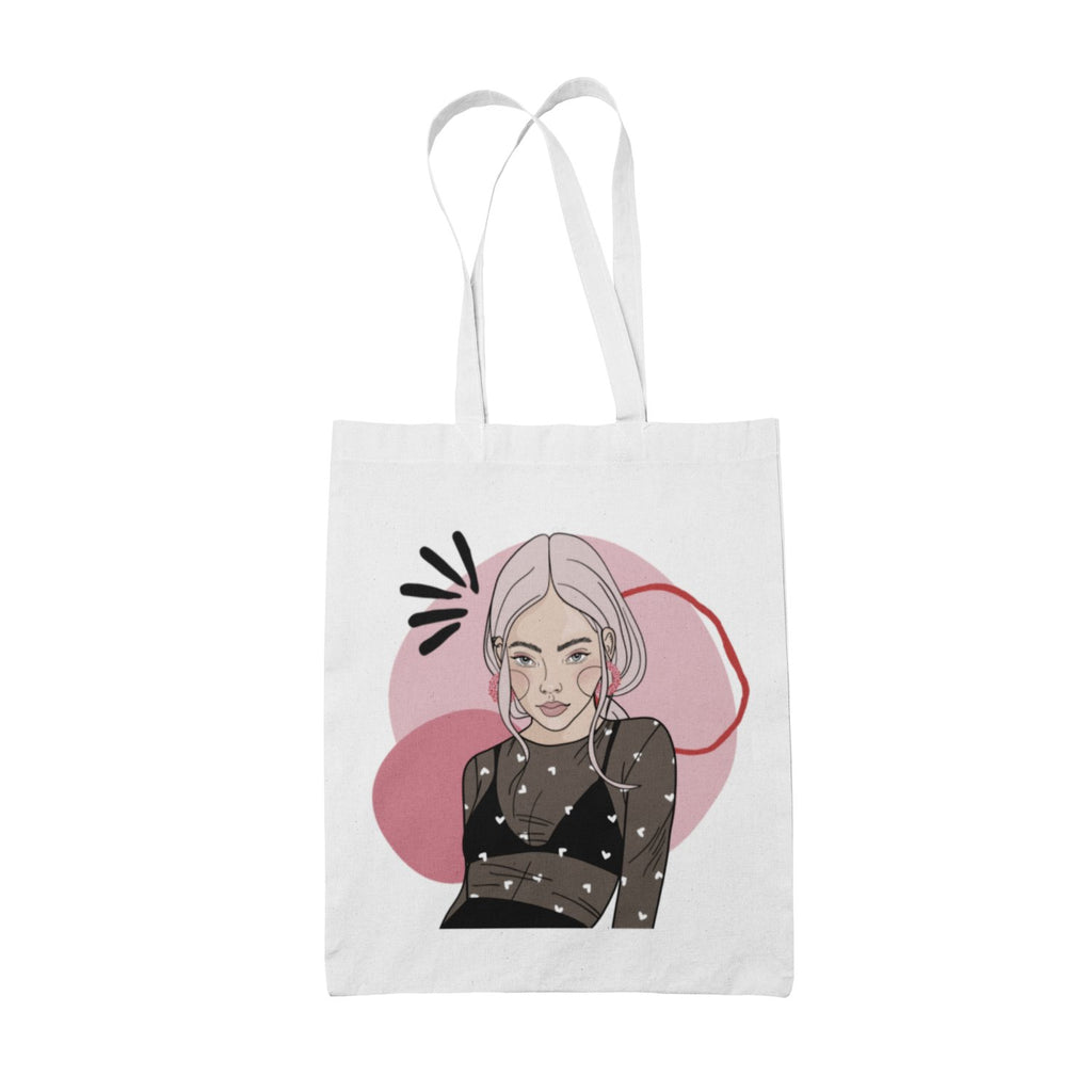 2. White cotton tote bag with artistic illustration by Getter Tiivits, featuring a woman in a patterned top, set against a pink and red abstract background
