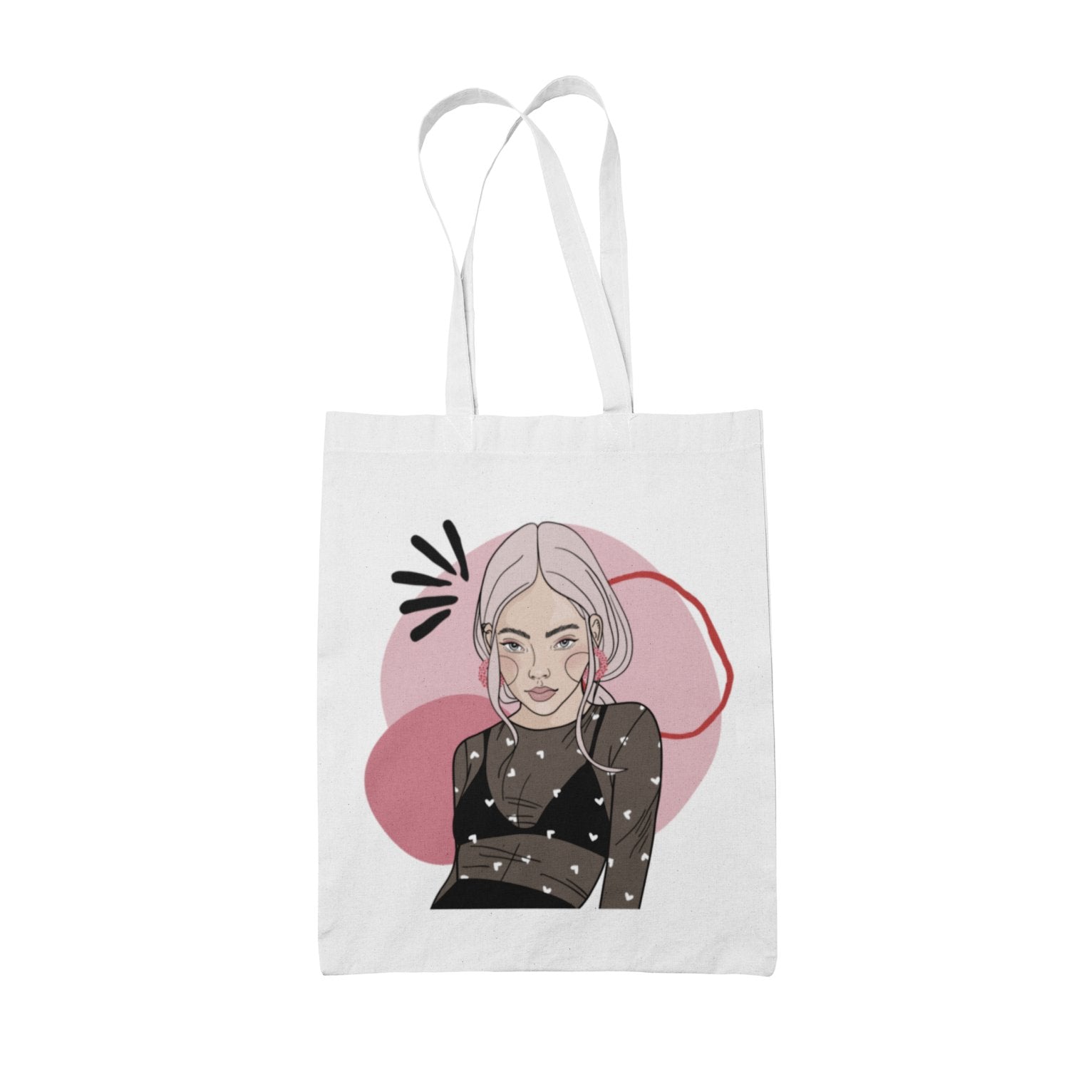 2. White cotton tote bag with artistic illustration by Getter Tiivits, featuring a woman in a patterned top, set against a pink and red abstract background