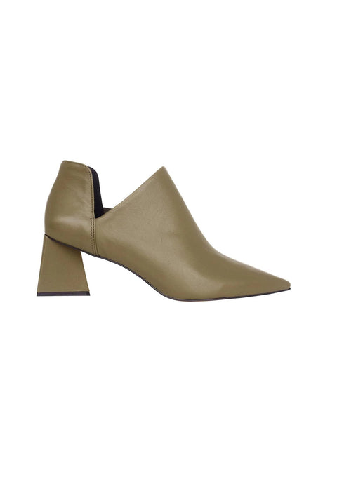 2. Green sheepskin leather ankle boot with pointed toe and block heel shown in side view on white background