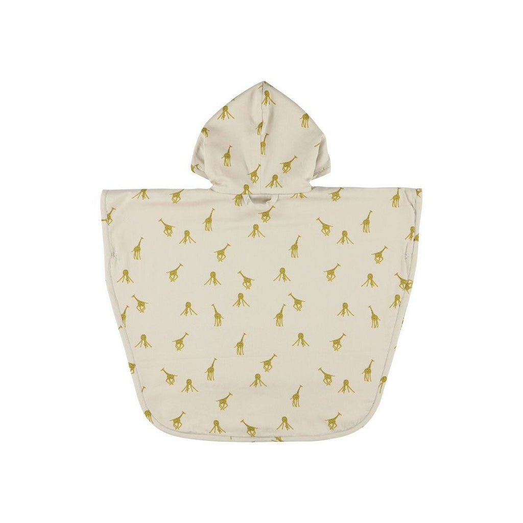 1. Back view of kids' hooded bathing poncho with giraffe print in beige organic cotton terry cloth