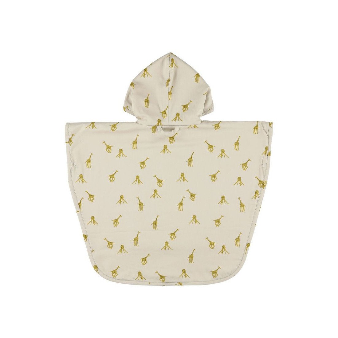 1. Back view of kids' hooded bathing poncho with giraffe print in beige organic cotton terry cloth