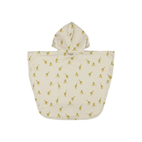 1. Back view of kids' hooded bathing poncho with giraffe print in beige organic cotton terry cloth