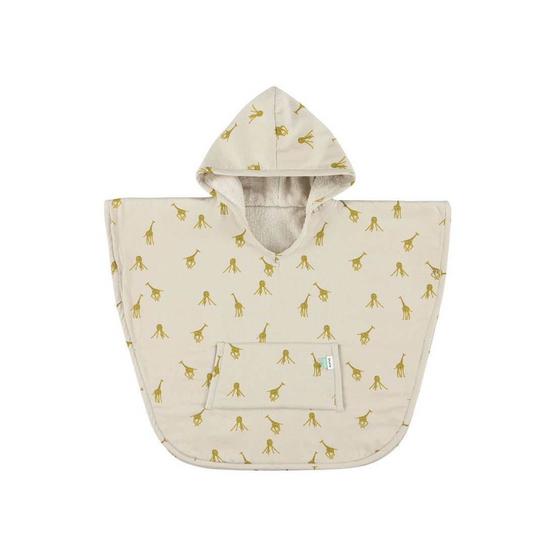 2. Front view of kids' hooded bathing poncho with giraffe print and pocket in beige organic cotton terry cloth