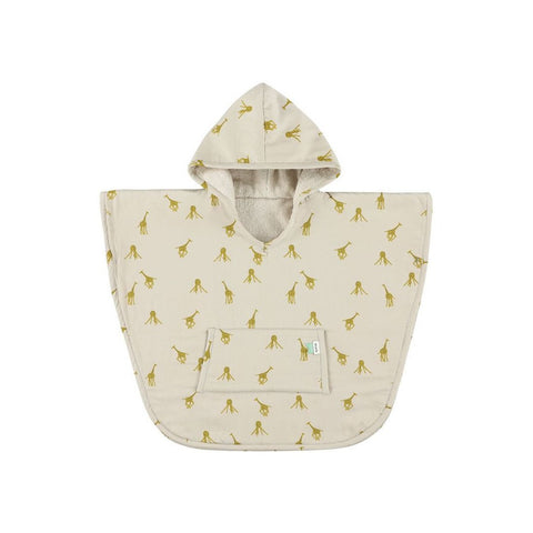 2. Front view of kids' hooded bathing poncho with giraffe print and pocket in beige organic cotton terry cloth