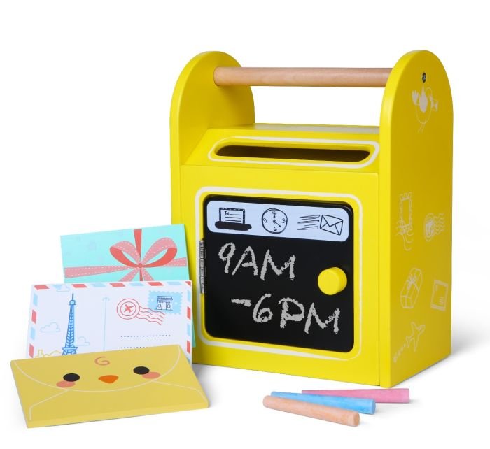 1. Yellow wooden mailbox toy with chalkboard front displaying '9AM - 6PM', includes colorful envelopes and chalk, by Gerardo's Toys