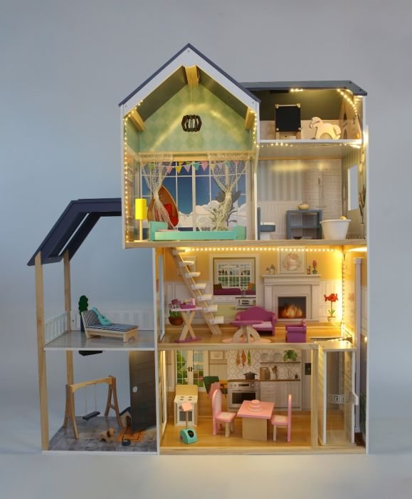 2. Wooden dollhouse Crystal with LED lights on, highlighting four floors, terrace, and detailed interior rooms