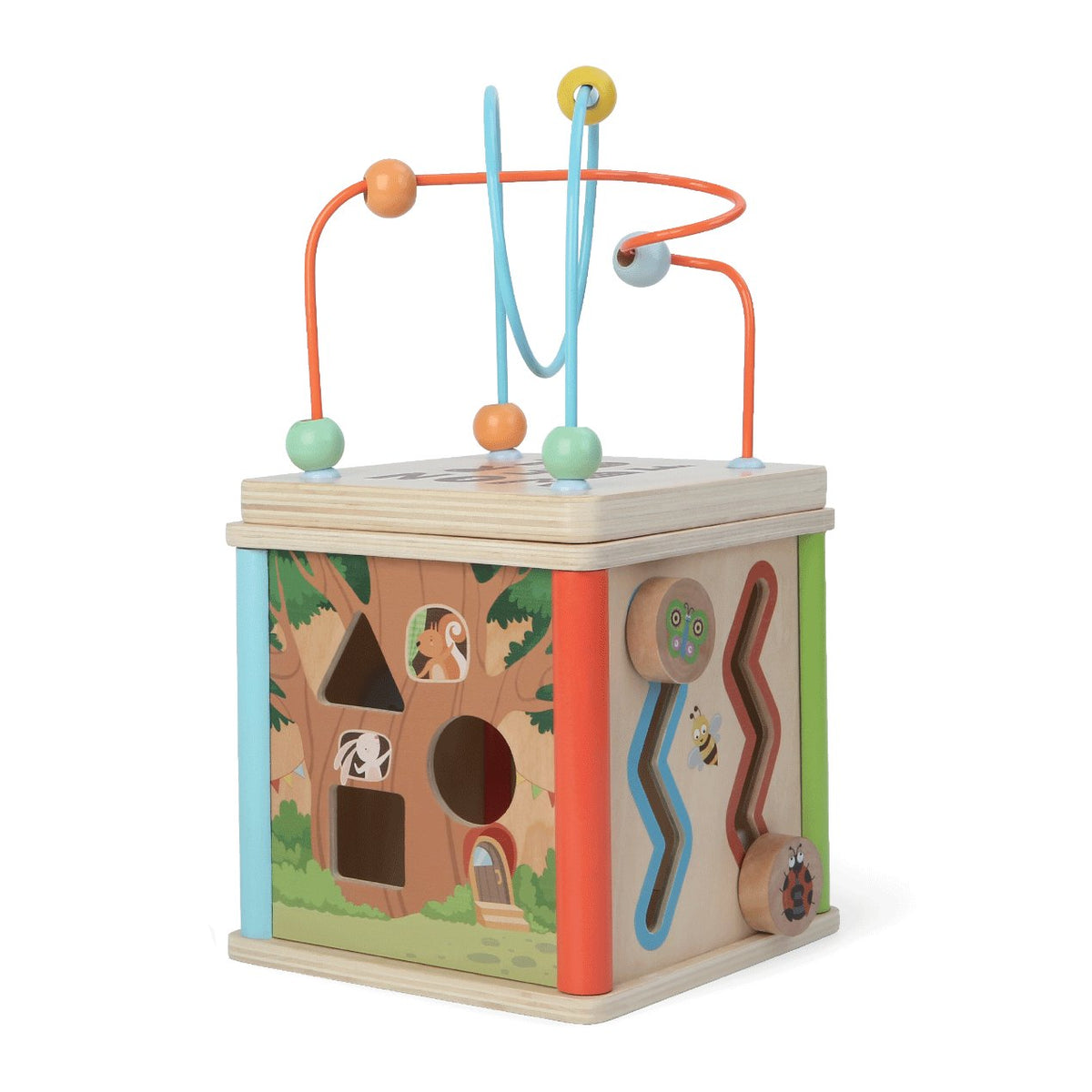 1. Wooden motor skills development cube by Gerardo's Toys featuring colorful bead maze and activity panels for children, 15 cm size