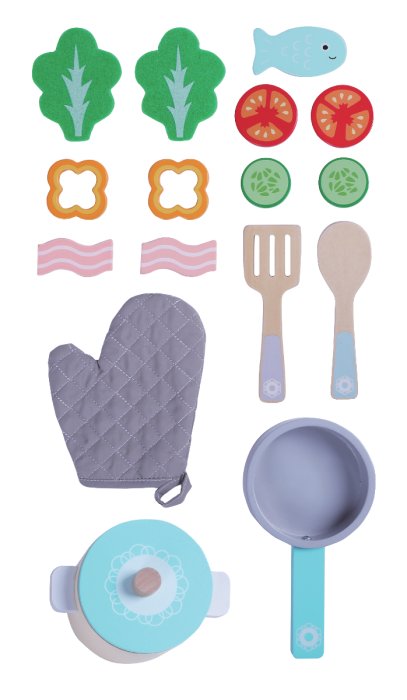 2. Flat lay of wooden cooking set pieces including pot, frying pan, kitchen glove, spatula, spoon, fish, bacon, cucumbers, tomatoes, capsicums, and lettuce on black background