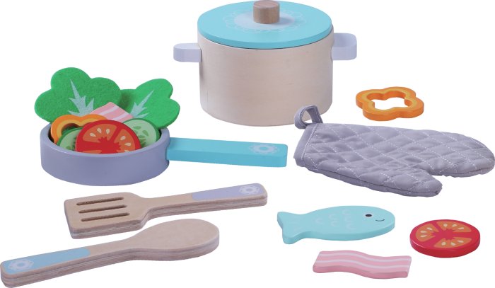 1. Wooden cooking set with pot, frying pan, kitchen glove, spatula, spoon, fish, bacon, cucumbers, tomatoes, capsicums, and lettuce on black background