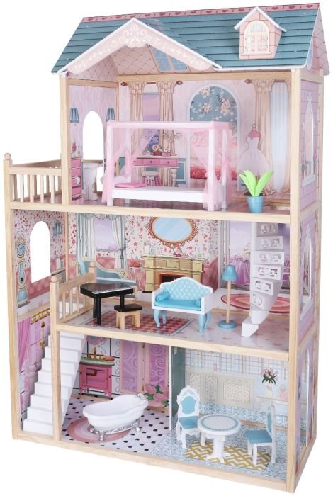 2. Side view of the wooden dollhouse with three floors, featuring a balcony and spiral staircase