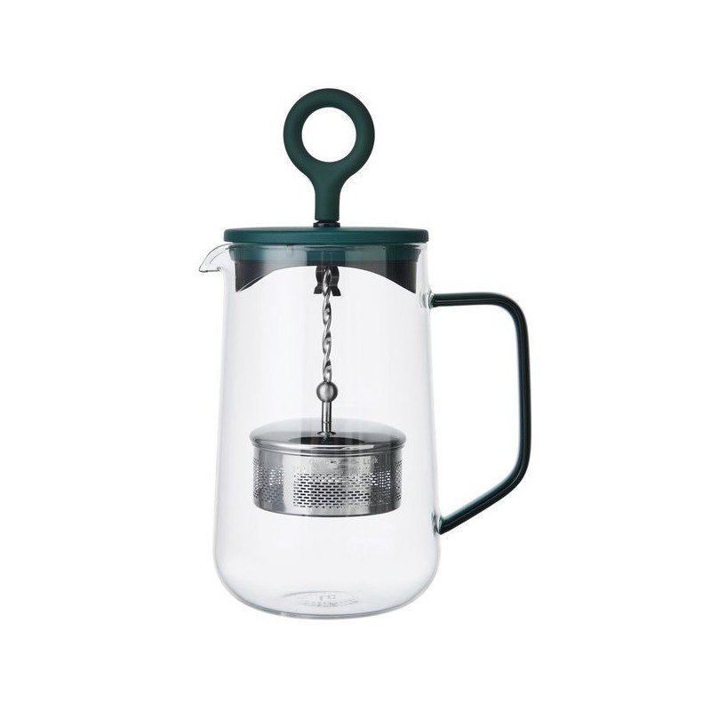 1. Green and transparent La Cafetière Gyro Teapot with infuser and handle, 1.25 liters, shown in studio setting