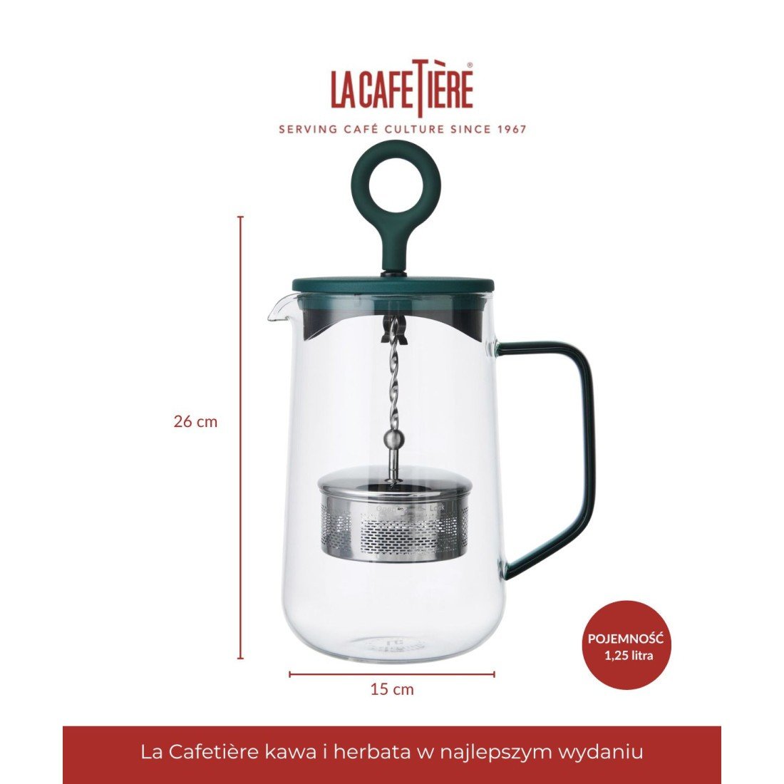 3. La Cafetière Gyro Teapot with dimensions 26 cm height and 15 cm width, 1.25 liters capacity